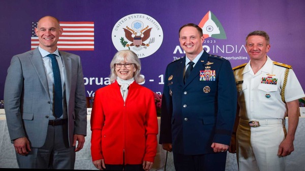 Principal Deputy Assistant Secretary of Defense for Indo-Pacific Security Affairs Jedidiah P. Royal; U.S. Embassy New Delhi Chargé d’Affaires, a.i. Ambassador A. Elizabeth Jones; Major General Julian C. Cheater, Assistant Deputy Under Secretary of the Air Force, International Affairs; and Senior Defense Official and Defense Attaché Rear Admiral Michael Baker at a press conference in Bengaluru on the U.S. participation at Aero India 2023.