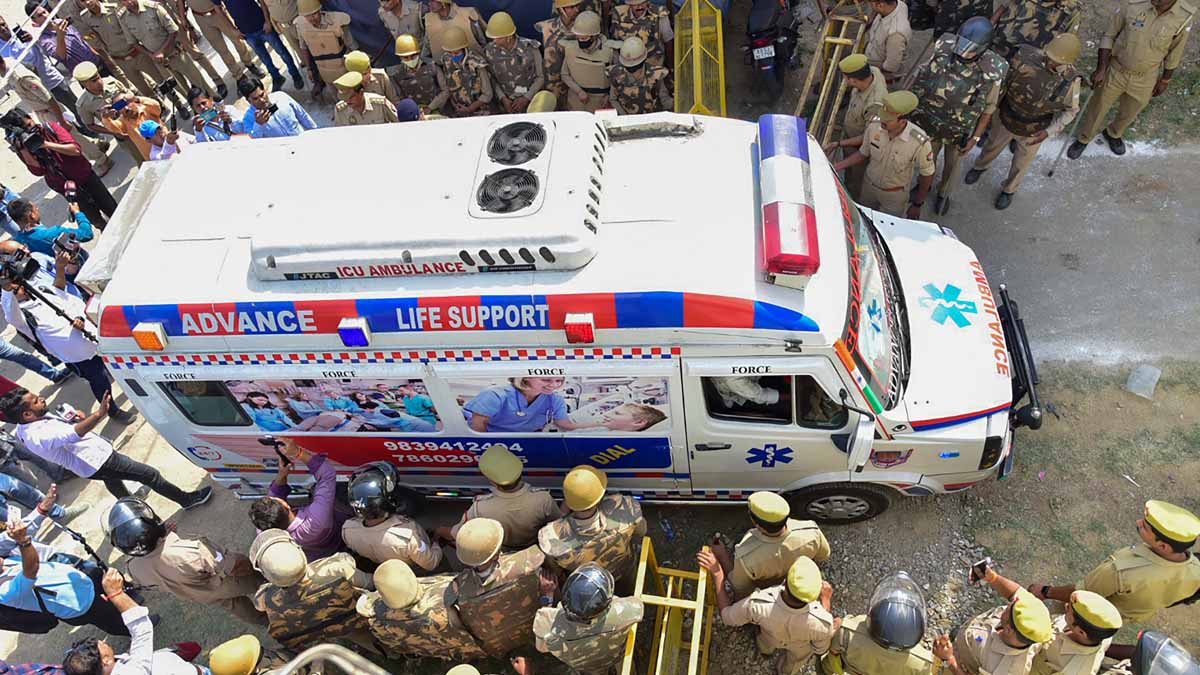 The mortal remains of gangster-turned-politician Atiq Ahmeds son Asad Ahmed being brought for the last rites, who was killed in an encounter in Jhansi, at the Kasari-Masari graveyard in Prayagraj