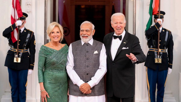 President Joe Biden and first lady Jill Biden welcome Indias Prime Minister Narendra Modi as he arrives for a State Dinner on the North Portico of the White House in Washington