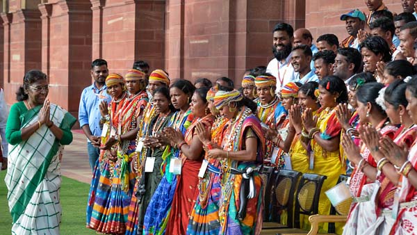 President Droupadi Murmu meets with members of 75 Particularly Vulnerable Tribal Groups (PVTGs) from various states and union territories at Rashtrapati Bhavan, in New Delhi