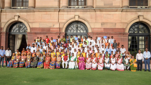 President Droupadi Murmu with members of 75 Particularly Vulnerable Tribal Groups (PVTGs) from various States and Union territories, at Rashtrapati Bhavan in New Delhi, on June 12, 2023. PTI photo President Droupadi Murmu with members of 75 Particularly Vulnerable Tribal Groups (PVTGs) from various States and Union territories, at Rashtrapati Bhavan in New Delhi, on June 12, 2023. PTI photo