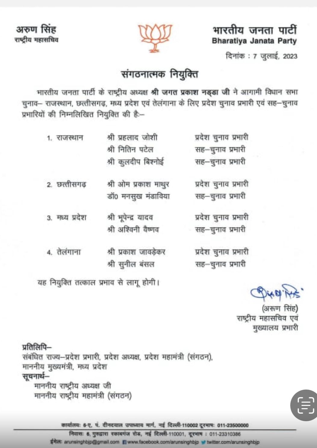 Assembly Elections: BJP Appoints Poll In-Charges for Rajasthan, Telangana, Chhattisgarh, and MP