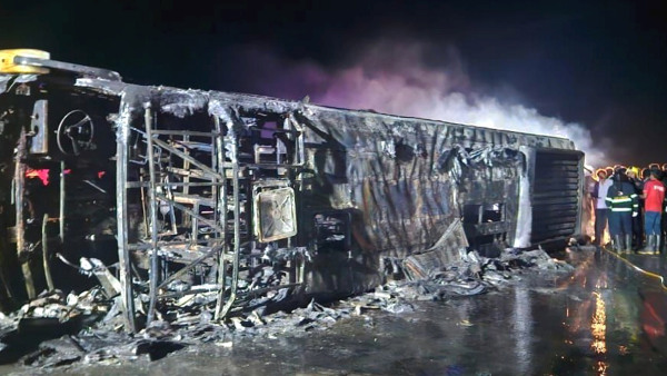 Rescue staff and others at the site after twenty five bus passengers were charred to death when their vehicle caught fire on the Samruddhi Expressway in Maharashtras Buldhana district