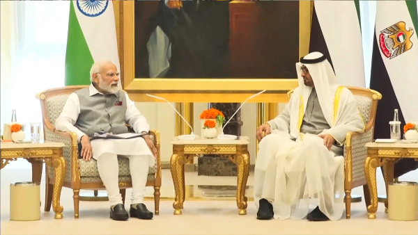 Prime Minister Narendra Modi and UAE President Sheikh Mohamed bin Zayed Al Nahyan during a meeting, in Abu Dhabi