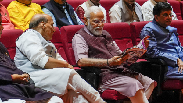 Prime Minister Narendra Modi with Defence Minister Rajnath Singh and Union Minister for Commerce and Industry Piyush Goyal during the BJP parliamentary party meeting, in New Delhi