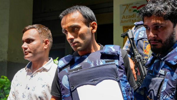 Gangster Sachin Bishnoi, who was allegedly involved in the murder of Punjabi singer Sidhu Moosewala, after he was extradited from Baku in Azerbaijan by Delhi Polices Special Cell, in New Delhi