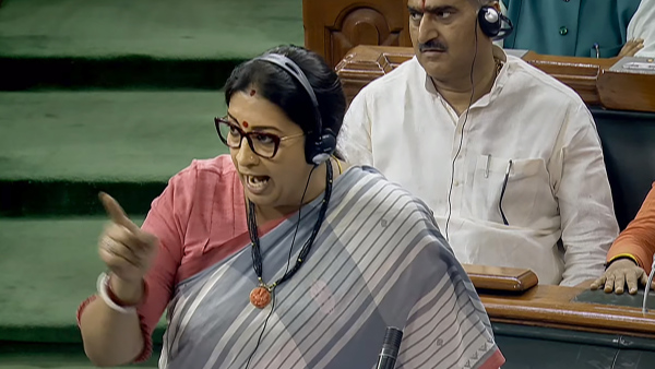 Union Minister Smriti Irani speaks on the Motion of No-Confidence in the Lok Sabha during the Monsoon session of Parliament, in New Delhi
