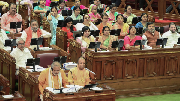 Uttar Pradesh Chief Minister Yogi Adityanath and others during the Monsoon session of the UP Assembly at Vidhan Bhawan, in Lucknow