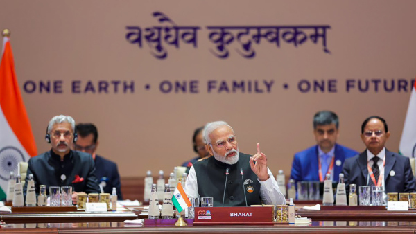 Prime Minister Narendra Modi makes remarks at the Session-1 on One Earth during the G20 Summit 2023 at the Bharat Mandapam convention center, in New Delhi