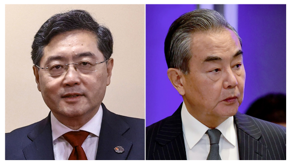Former Chinese Foreign Minister Qin Gang (L) and the newly-appointed Chinese Foreign Minister Wang Yi