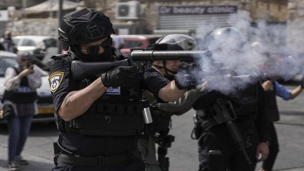 Israeli security forces shoot tear gas canisters towards Palestinians during riots near Jerusalems Old City, Friday, Oct. 27, 2023 (PTI Photo)