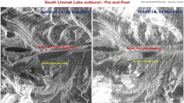 South Lhonak Lake Pre And Post Burst (Credit: Isro.gov.in)