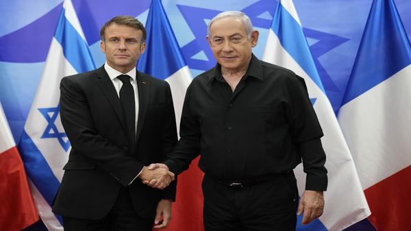 Israeli Prime Minister Benjamin Netanyahu, right, welcomes French President Emmanuel Macron before their talks in Jerusalem, Tuesday, Oct. 24, 2023 (PTI Photo)