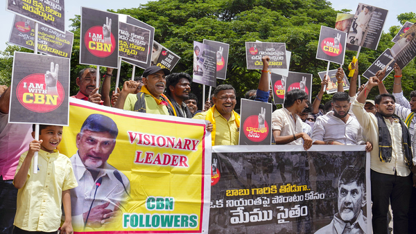 A demonstration in support of former Andhra Pradesh chief minister N Chandrababu Naidu following his arrest, in Chennai, Tuesday, Sept. 19, 2023. (PTI Photo)