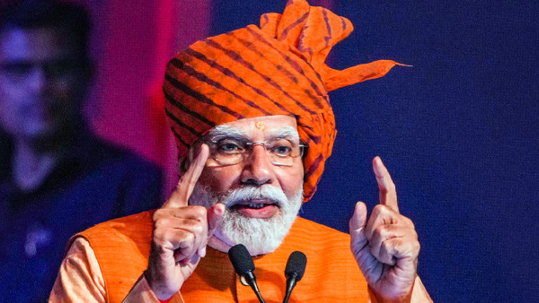 Prime Minister Narendra Modi addresses a gathering during Dussehra celebrations, at Dwarka in New Delhi