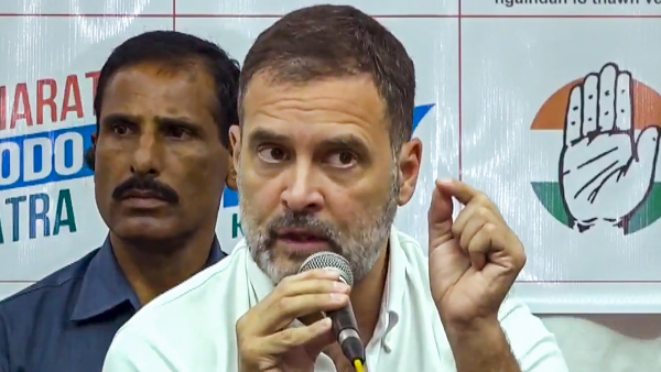 Congress leader Rahul Gandhi addresses a press conference, in Aizawl, Mizoram