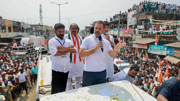 Congress leader Rahul Gandhi with Telangana Congress President Revanth Reddy during a rally ahead of State Assembly elections, at Kataram in Bhupalpally district