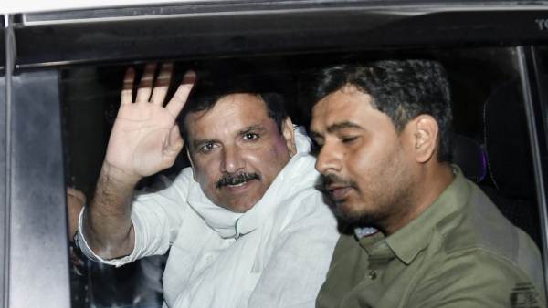 Aam Aadmi Party (AAP) MP Sanjay Singh leaves the Rouse Avenue Court after appearing in connection with Delhi excise policy case, in New Delhi