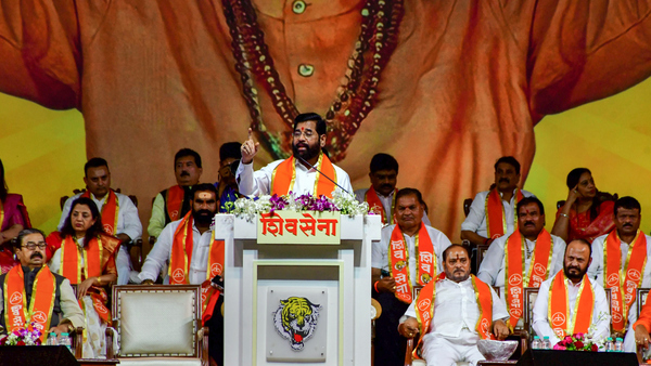 Shiv Sena (Shinde faction) chief Eknath Shinde addresses a gathering during Dussehra rally at Azad Maidan, in Mumbai, Tuesday, Oct. 24, 2023. (PTI Photo)