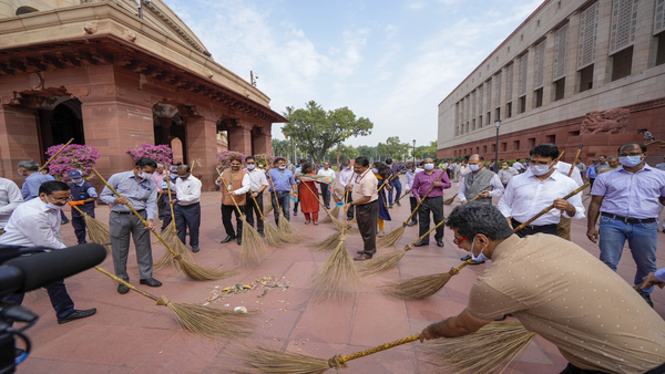  Parliament employees during a cleanliness drive organised under the Swachchta Pakhwada: Swachchta hi Seva campaign ahead of Gandhi Jayanti, at Samvidhan Sadan and Parliament House complex in New Delhi (PTI)