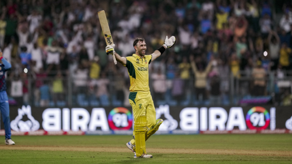 Australias Glenn Maxwell celebrates his double century and his teams win in the ICC Mens Cricket World Cup 2023 match between Afghanistan and Australia at the Wankhede Stadium, in Mumbai