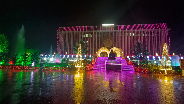 Kerala Legislative Assembly building illuminated with lights ahead of Keraleeyam 2023, in Thiruvananthapuram (PTI Photo)