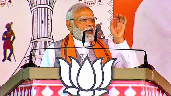 Prime Minister Narendra Modi addresses a public meeting ahead of Assembly polls, in Durg, Chhattisgarh
