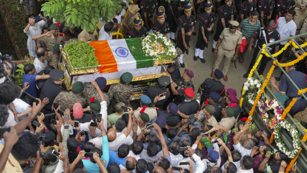 The mortal remains of Captain MV Pranjal, who was killed during an encounter with terrorists in Jammu and Kashmirs Rajouri, being taken in a decorated lorry for last rites, in Bengaluru
