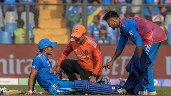 Indias Shubman Gill after an injury during the ICC Mens Cricket World Cup 2023 semi-final match between India and New Zealand, at the Wankhede Stadium, in Mumbai