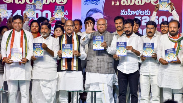 Congress President Mallikarjun Kharge with Telangana Congress president A Revanth Reddy and AICC Telangana in-charge Manikrao Thakare releases the partys manifesto ahead of Telangana Assembly elections, in Hyderabad