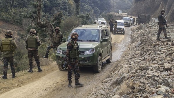 Army personnel during a cordon and search operation, a day after two Army vehicles were ambushed by terrorists, in Poonch district