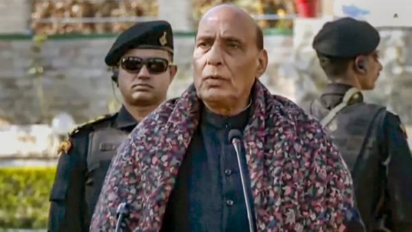 Defence Minister Rajnath Singh during an interaction with Army personnel, in Rajouri