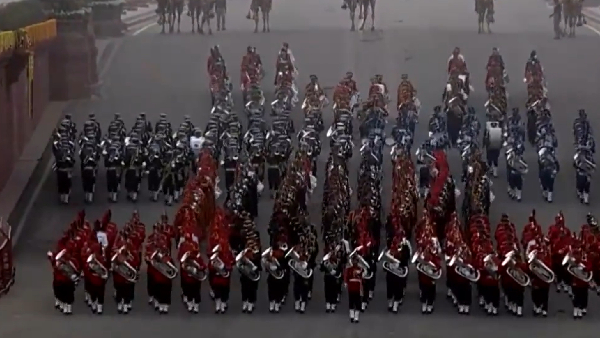 Indian Armed Force bands perform at the Beating Retreat ceremony at Vijay Chowk in New Delhi.
