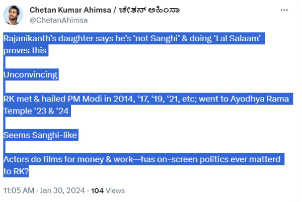 Is Rajini A Sanghi? Chetan Responds