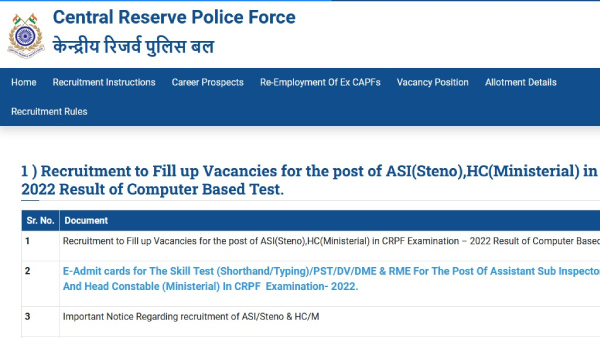 CRPF Announces Result For ASI, Steno Additional Result 2022 @rect.crpf.gov.in, Check Dates For Document Verifi