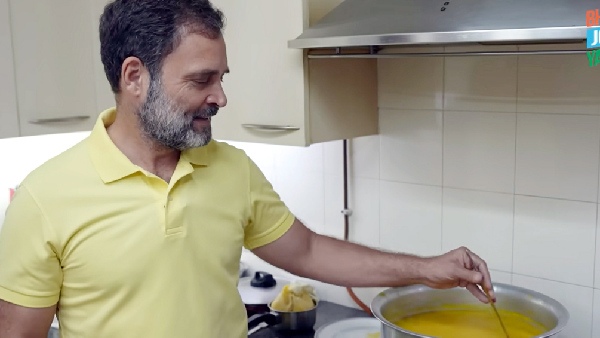Congress leader Rahul Gandhi works in the kitchen to prepare orange marmalade.