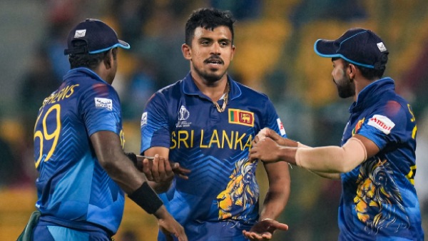 Sri Lankas Maheesh Theekshana with teammates celebrating on ground (File photo)