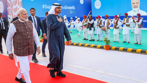 Prime Minister Narendra Modi welcomes President of UAE Mohamed bin Zayed Al Nahyan on his arrival for the Vibrant Gujarat Summit