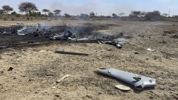 Wreckage of an Indian Air Force plane that crashed in Pithala village in Jaisalmer
