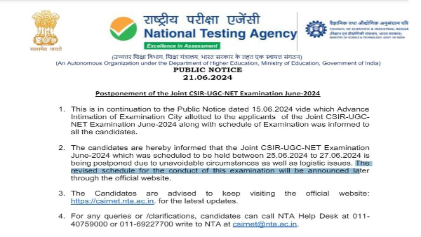 CSIR-UGC-NET June 2024 Exam Postponed by NTA