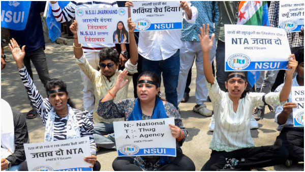 Members of NSUI stage a protest over the alleged irregularities in NEET 2024 results in Ranchi Friday June 14 2024
