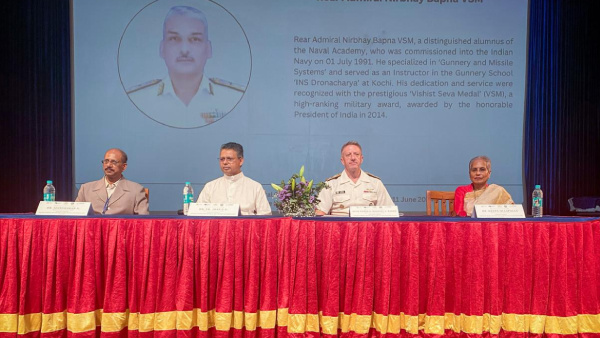Dr N Manoharan Professor amp amp Director Centre for East Asian Studies Christ University Christ University Vice Chancellor Rev Dr Jose CC U S Defense Attache to India Rear Admiral Michael Baker and Deepa Ollapally Professor of International Affairs and Director of the Rising Powers Initiative at Elliott School of International Affairs The George Washington University at the inauguration of the Partners in Progress symposium held at Christ University in Bengaluru Monday June 10 2024 The symposium was jointly organized by Elliott School of International Affairs George Washington University and Christ University Bengaluru with support from the U S Consulate General Chennai