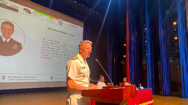 U S Defense Attache to India Rear Admiral Michael Baker speaks at the inauguration of Partners in Progress symposium held at Christ University in Bengaluru Monday June 10 2024