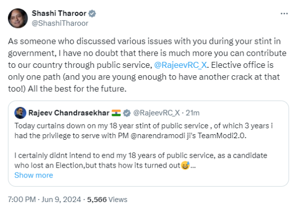 Shashi Tharoor s Heartfelt Message To Rajeev Chandrasekhar Sparks Appreciation On X