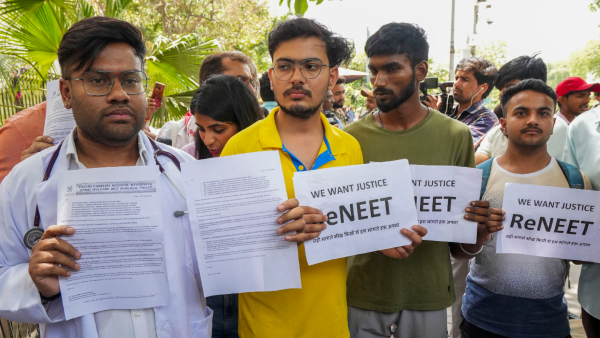 Students stage a protest outside the Ministry of Education over the alleged irregularities in NEET 2024 results in New Delhi Friday June 14 2024