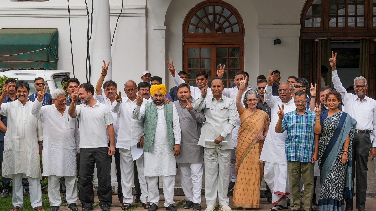 Congress President Mallikarjun Kharge the party leaders Sonia Gandhi and Rahul Gandhi Delhi Chief Minister and AAP chief Arvind Kejriwal Punjab Chief Minister Bhagwant Mann JMM leader Kalpana Soren NCP Sharadchandra Pawar President Sharad Pawar DMK leader TR Baalu RJD leader Tejashwi Yadav CPI leader D Raja and others during a press conference after INDIA bloc leaders meeting at Kharge s residence in New Delhi Saturday June 1 2024