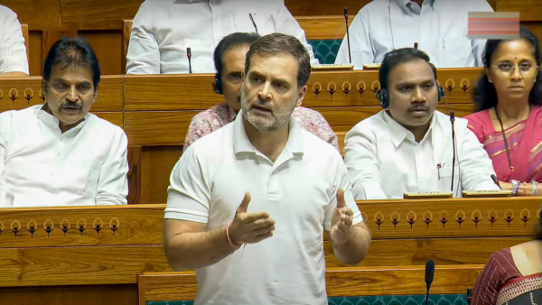 Leader of Opposition Rahul Gandhi speaks in the Lok Sabha during ongoing Parliament session in New Delhi Friday June 28 2024