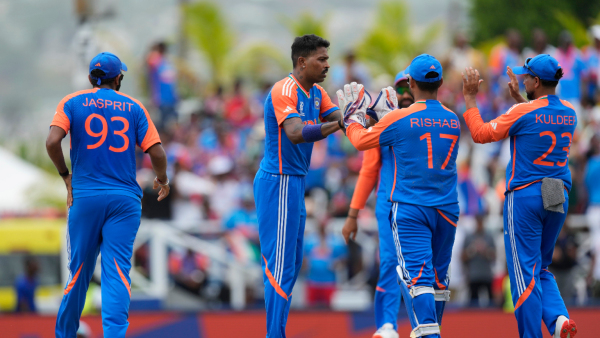 India s Hardik Pandya second left celebrates with teammates after the dismissal of South Africa s Heinrich Klaasen during the ICC Men s T20 World Cup final cricket match between India and South Africa at Kensington Oval in Bridgetown Barbados Saturday June 29 2024 India s Hardik Pandya second left celebrates with teammates after the dismissal of South Africa s Heinrich Klaasen during the ICC Men s T20 World Cup final cricket match between India and South Africa at Kensington Oval in Bridgetown Barbados Saturday June 29 2024