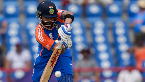 Virat Kohli plays a shot against Australia during an ICC Men s T20 World Cup cricket match at Darren Sammy National Cricket Stadium in Gros Islet Saint Lucia Monday June 24 2024