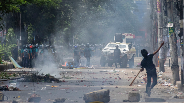Students clash with police during a protest over the quota system in public service in Dhaka Bangladesh Friday July 19 2024